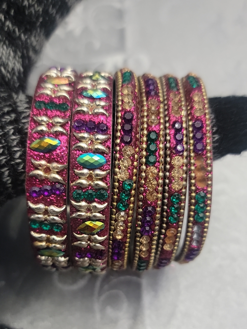 Set of 6 Indian Churi Bangle Bracelets Pink/Purple/Green - Size 2-8 (2.5")